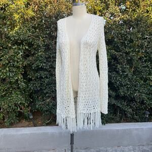 Cottage Ivory Knit Crochet Mesh Fringe Cardigan Boho Fairy Asymmetrical